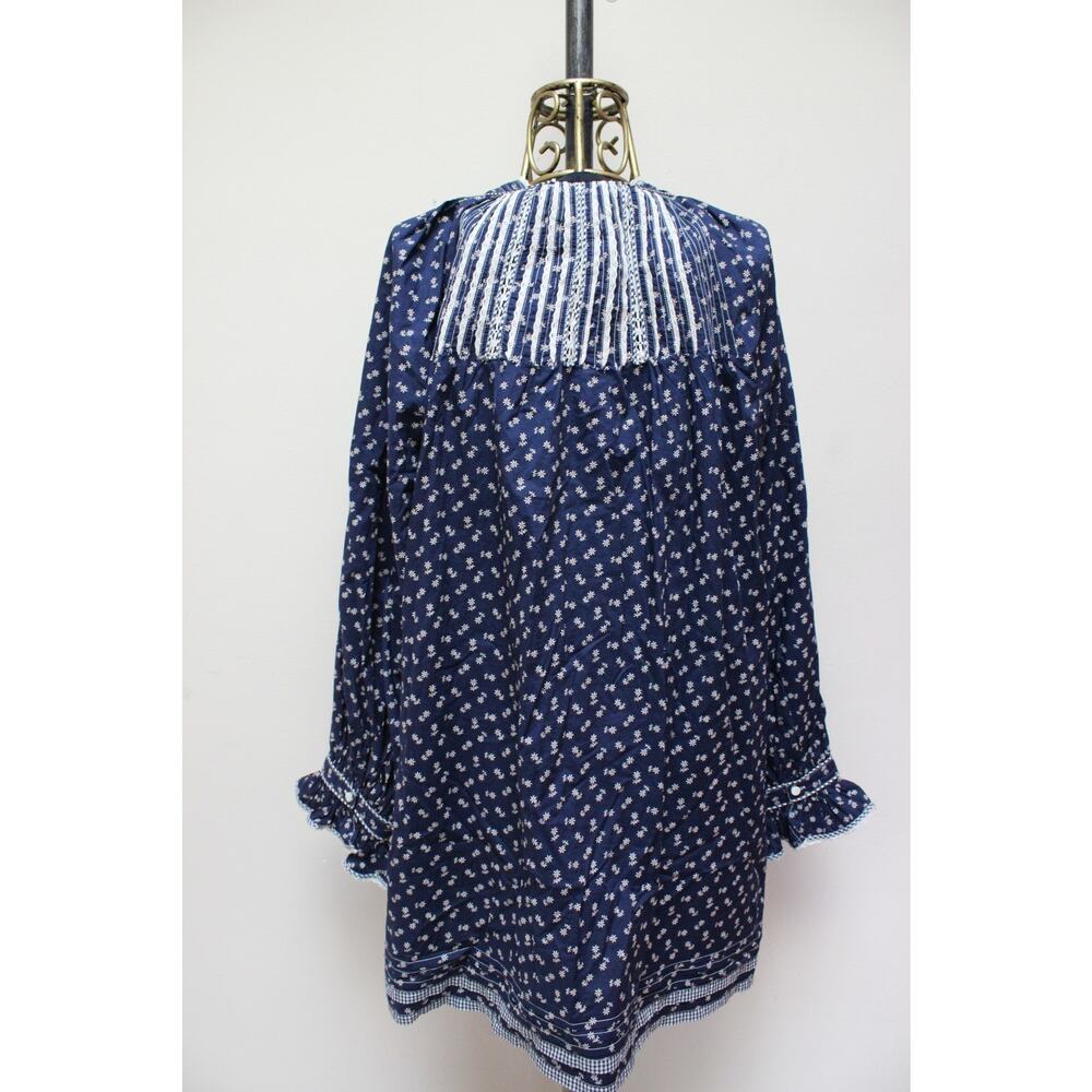 Doen Navy Beatrice Blue Floral Long Sleeve Pleated High Collar Dress Size XXL - Picture 6 of 8